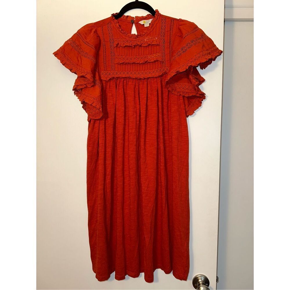 Boden Lace Trim Ruffle Detail Burnt Orange Jersey Dress Size 8R NWT No Belt